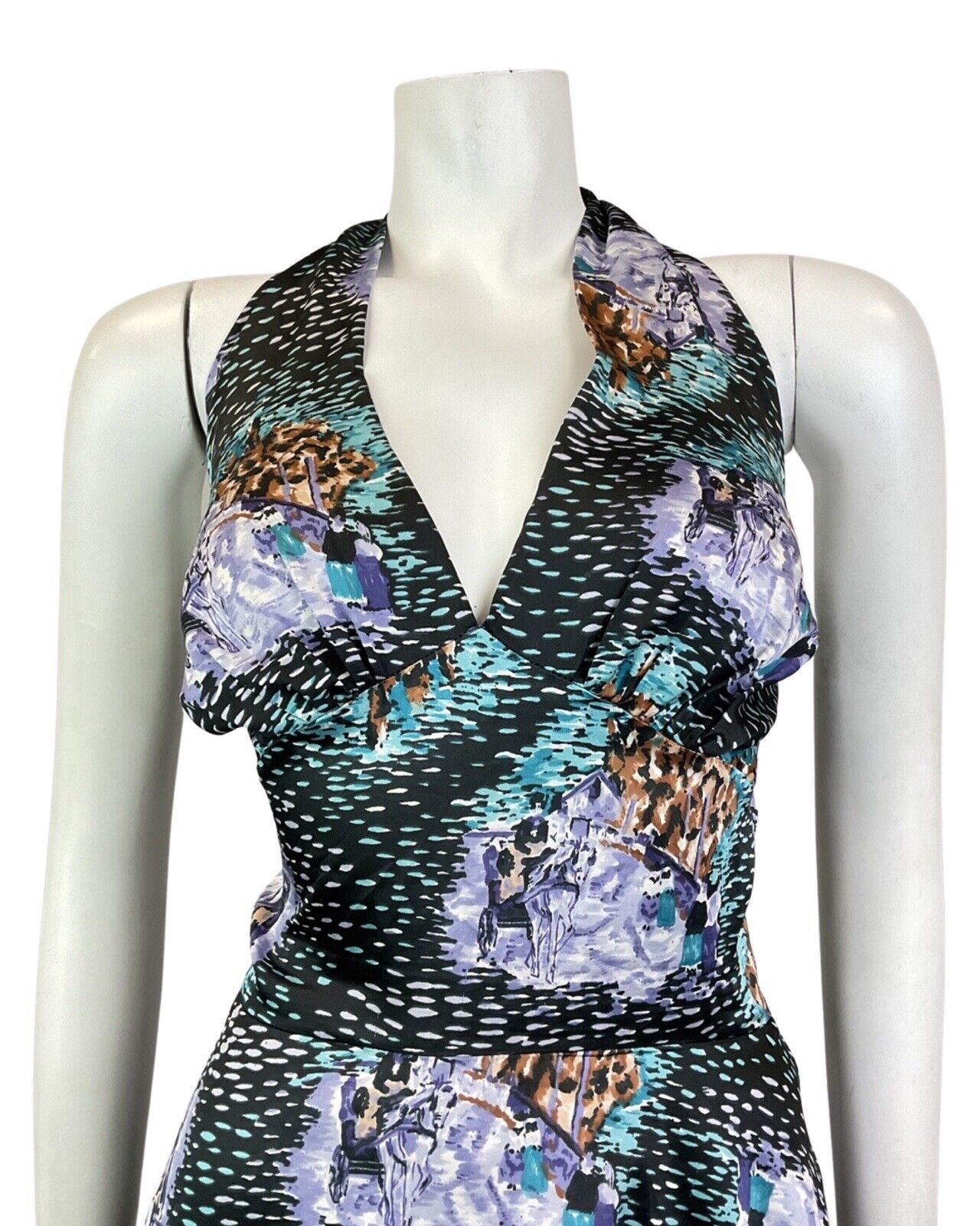 VINTAGE 60s 70s BLACK PURPLE MINT HORSE CART DASH HALTER SWING DRESS 10 12