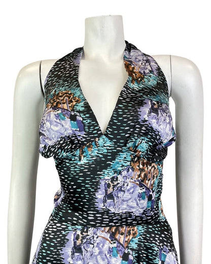 VINTAGE 60s 70s BLACK PURPLE MINT HORSE CART DASH HALTER SWING DRESS 10 12