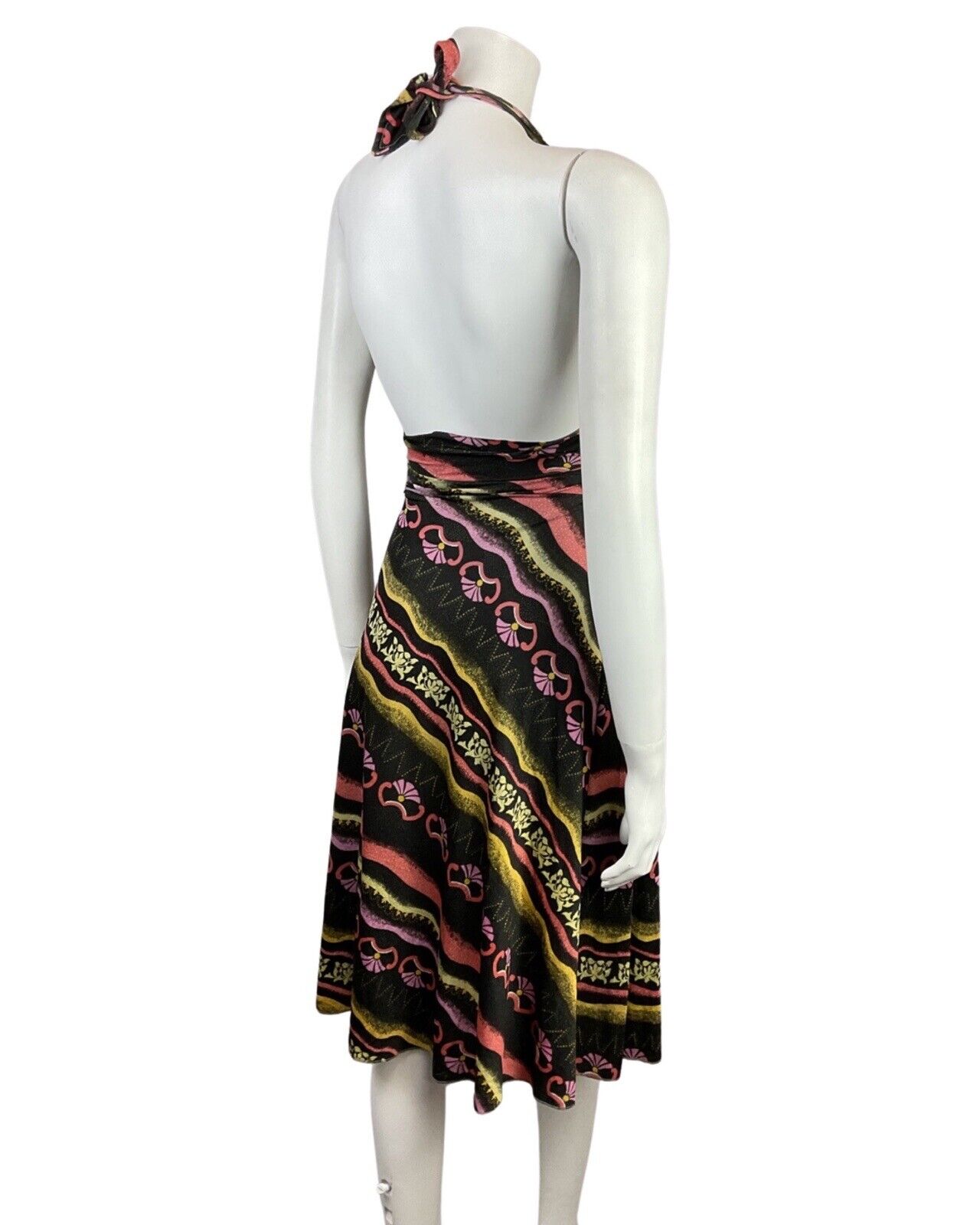 VINTAGE 60s 70s BLACK PINK YELLOW STRIPED FLORAL HALTER DRESS 8 10