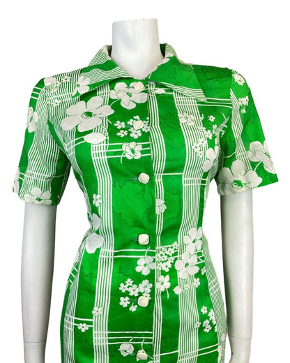 VINTAGE 70s APPLE GREEN WHITE STRIPED FLORAL MOD DAGGER SHIRT DRESS 12 14