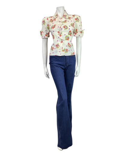 VINTAGE 60s 70s CREAM PURPLE RED FLORAL MOD DAGGER SHIRT BLOUSE TOP 10