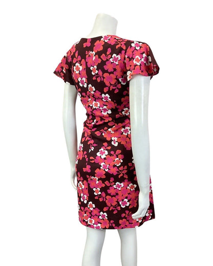 VINTAGE 60s 70s PINK BROWN PURPLE FLORAL BLOSSOM CAPE SLEEVE MOD SHORT DRESS 14