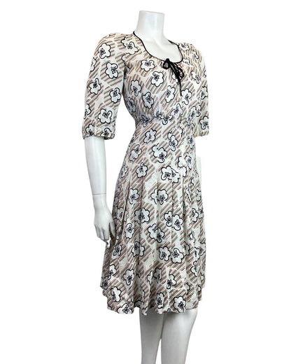VINTAGE 60s 70s WHITE BLACK RED GREEN STRIPED FLORAL MOD SUMMER DRESS 6