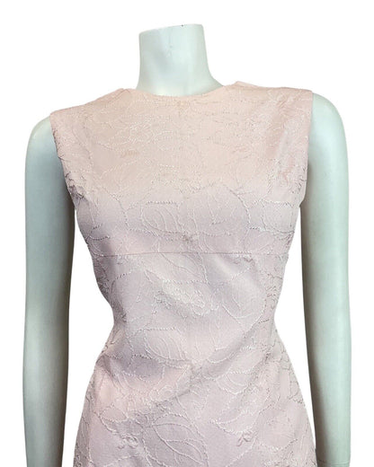 VINTAGE 60s 70s BABY PINK FLORAL LEAFY EMBROIDERED SLEEVELESS MOD DRESS 8