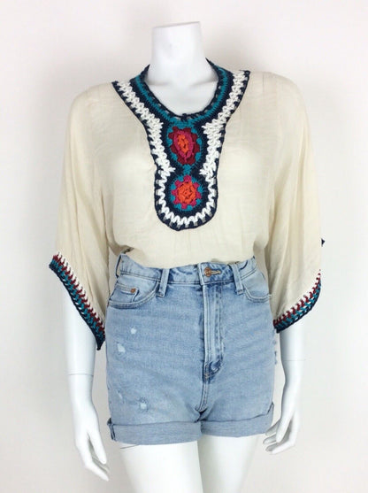 VTG 70s CREAM RED BLUE ORANGE PINK BOHO HIPPY ETHNIC CROCHET BLOUSE TOP 10 12 14