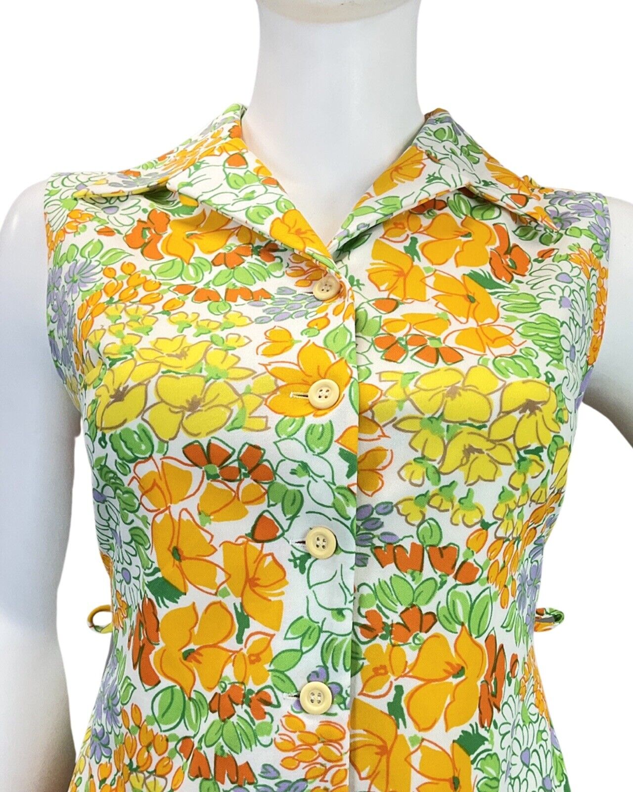 VINTAGE 60s 70s WHITE YELLOW ORANGE FLORAL SLEEVELESS DAGGER SHIRT DRESS 16 18