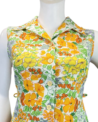 VINTAGE 60s 70s WHITE YELLOW ORANGE FLORAL SLEEVELESS DAGGER SHIRT DRESS 16 18