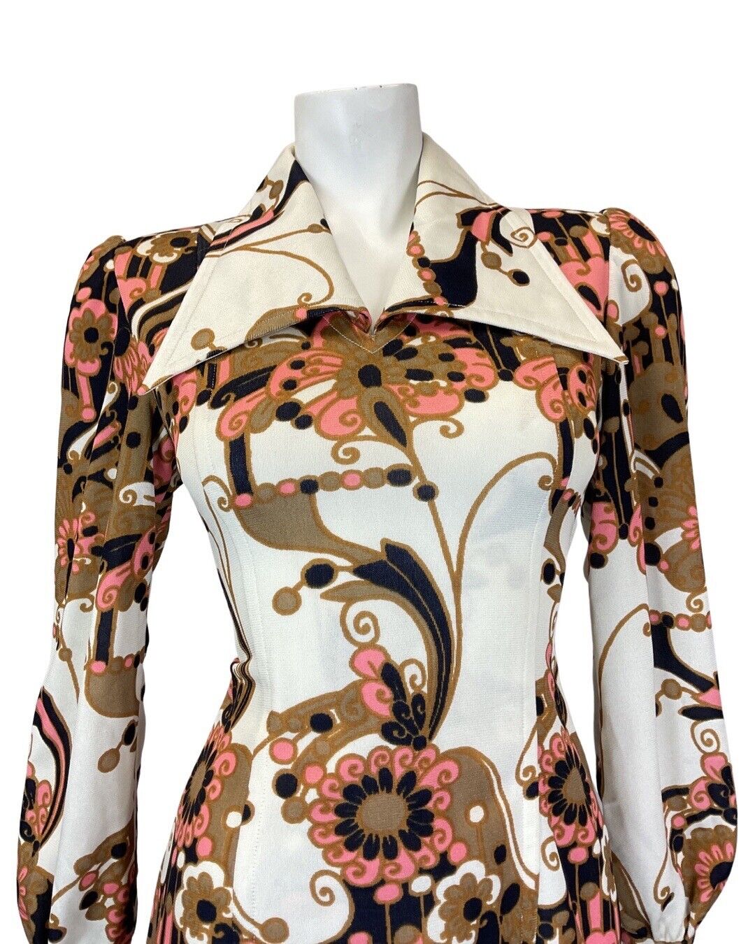 VINTAGE 60s 70s WHITE GOLD BLUE PSYCHEDELIC FLORAL MOD WING COLLAR SHIRT DRESS 8