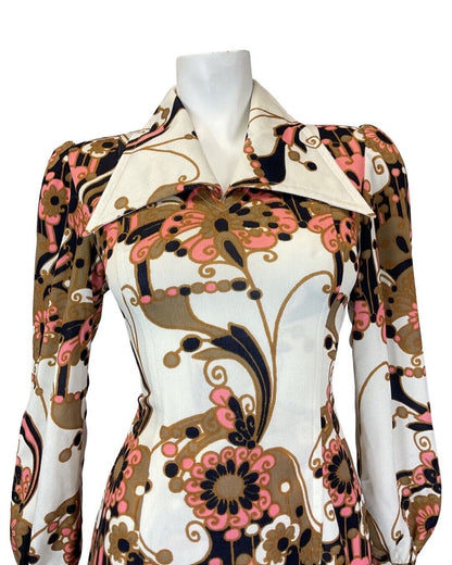 VINTAGE 60s 70s WHITE GOLD BLUE PSYCHEDELIC FLORAL MOD WING COLLAR SHIRT DRESS 8