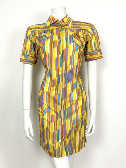 VINTAGE 60s 70s YELLOW WHITE PURPLE BLUE STRIPED DAGGER COLLAR SHIRT DRESS 10 12