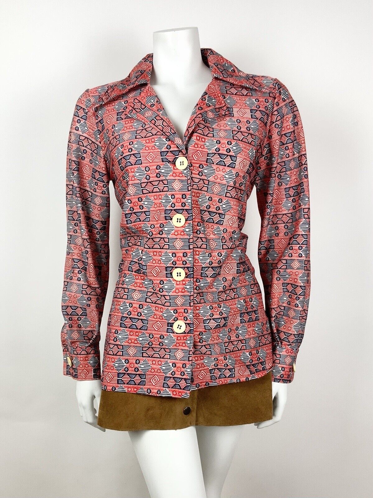 VINTAGE 60s 70s RED BLUE WHITE GEOMETRIC MOD DAGGER COLLAR SHIRT BLOUSE 16 18