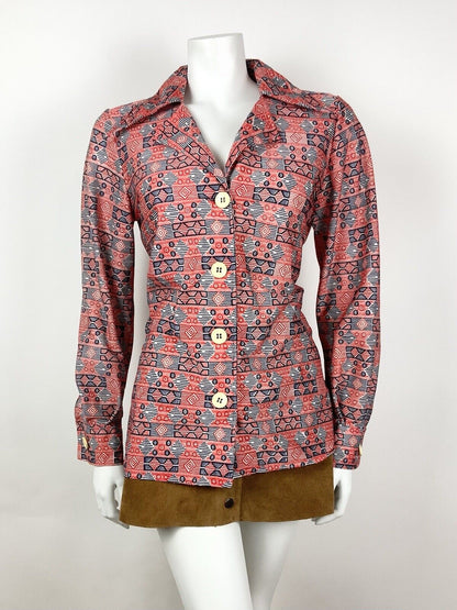 VINTAGE 60s 70s RED BLUE WHITE GEOMETRIC MOD DAGGER COLLAR SHIRT BLOUSE 16 18