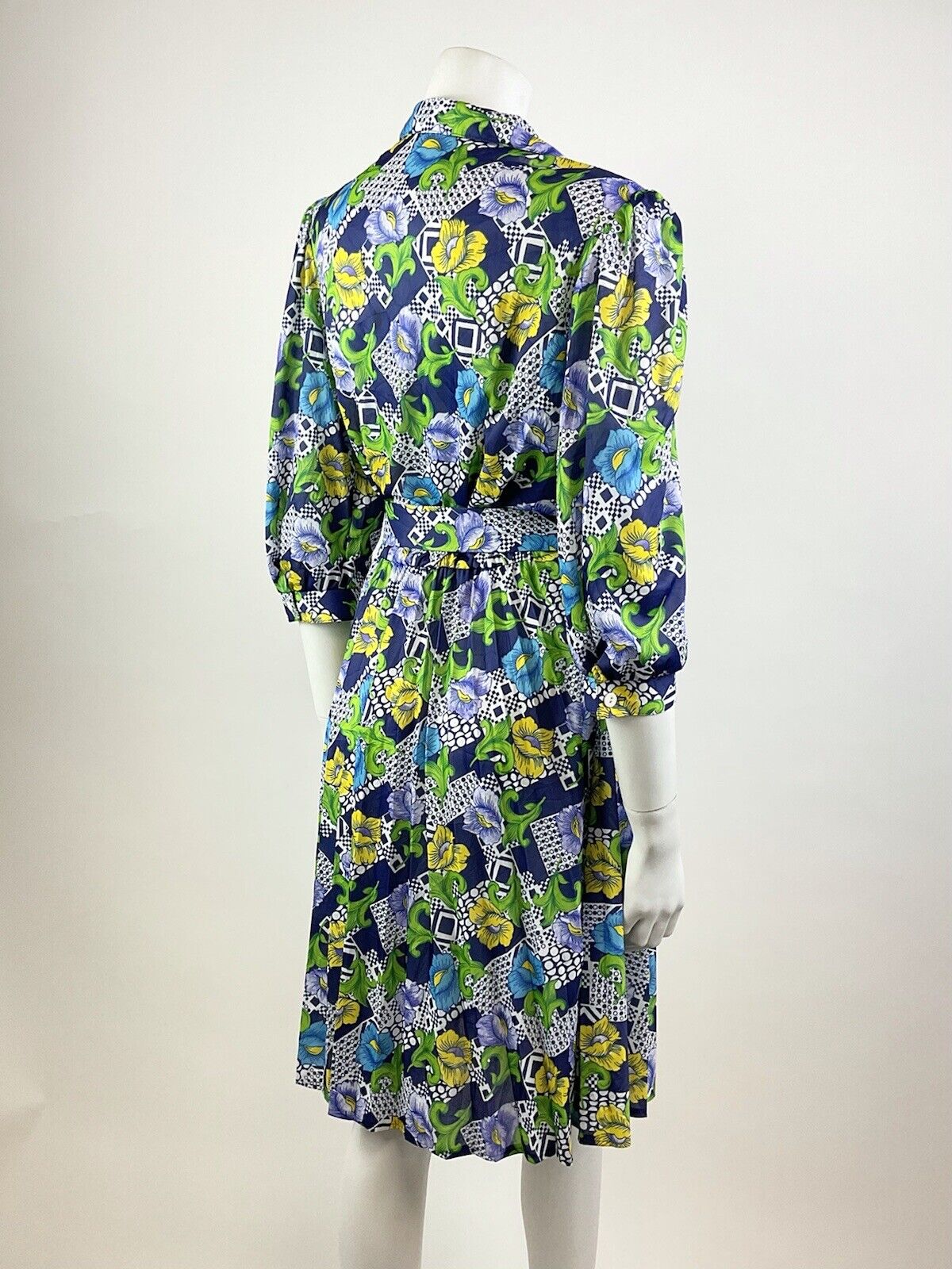 VINTAGE 70s BLUE GREEN YELLOW WHITE PSYCHEDELIC FLORAL BLOUSON SWING DRESS 10 12