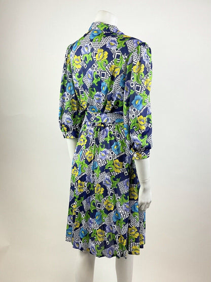 VINTAGE 70s BLUE GREEN YELLOW WHITE PSYCHEDELIC FLORAL BLOUSON SWING DRESS 10 12