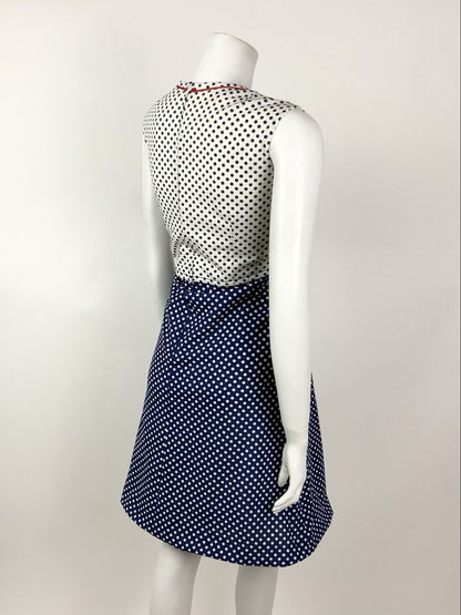 VINTAGE 60s 70s BLUE WHITE RED POLKA-DOT BOW MOD SLEEVELESS DRESS 12 14