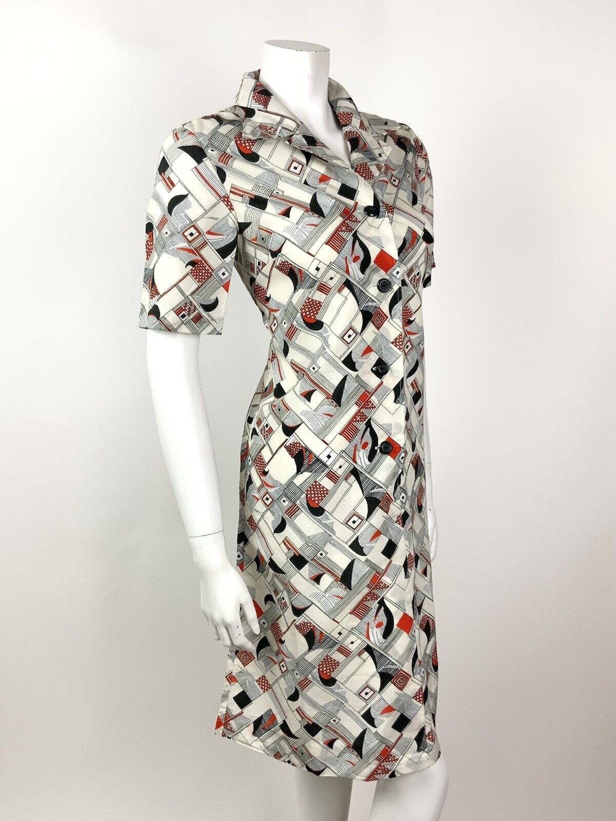VINTAGE 60s 70s WHITE BLACK RED STRIPE GEOMETRIC CHECKED MOD SHIRT DRESS 12