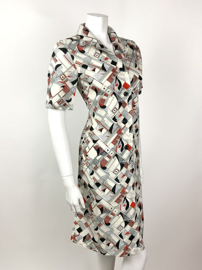 VINTAGE 60s 70s WHITE BLACK RED STRIPE GEOMETRIC CHECKED MOD SHIRT DRESS 12