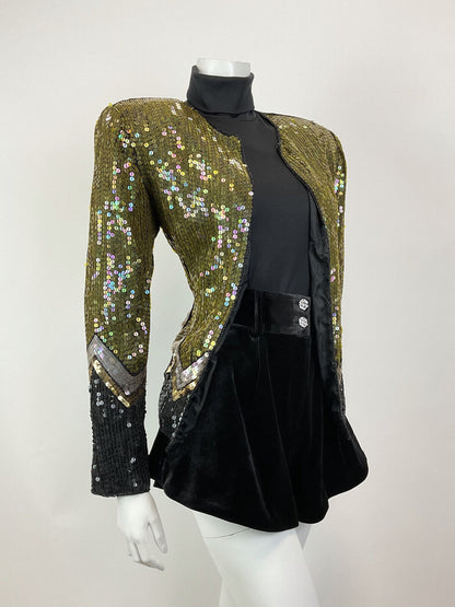 VINTAGE 70s 80s GOLD BLACK SILVER SEQUIN ZIG-ZAG DISCO PARTY TROPHY JACKET 8 10