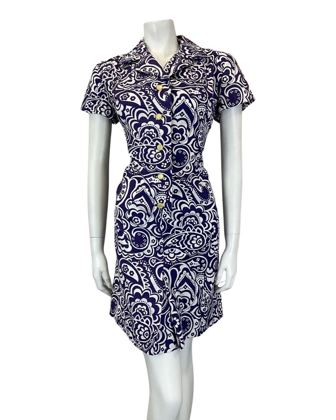 VINTAGE 60s 70s PURPLE WHITE PSYCHEDELIC FLORAL PAISLEY MOD SHORT SHIRT DRESS 12