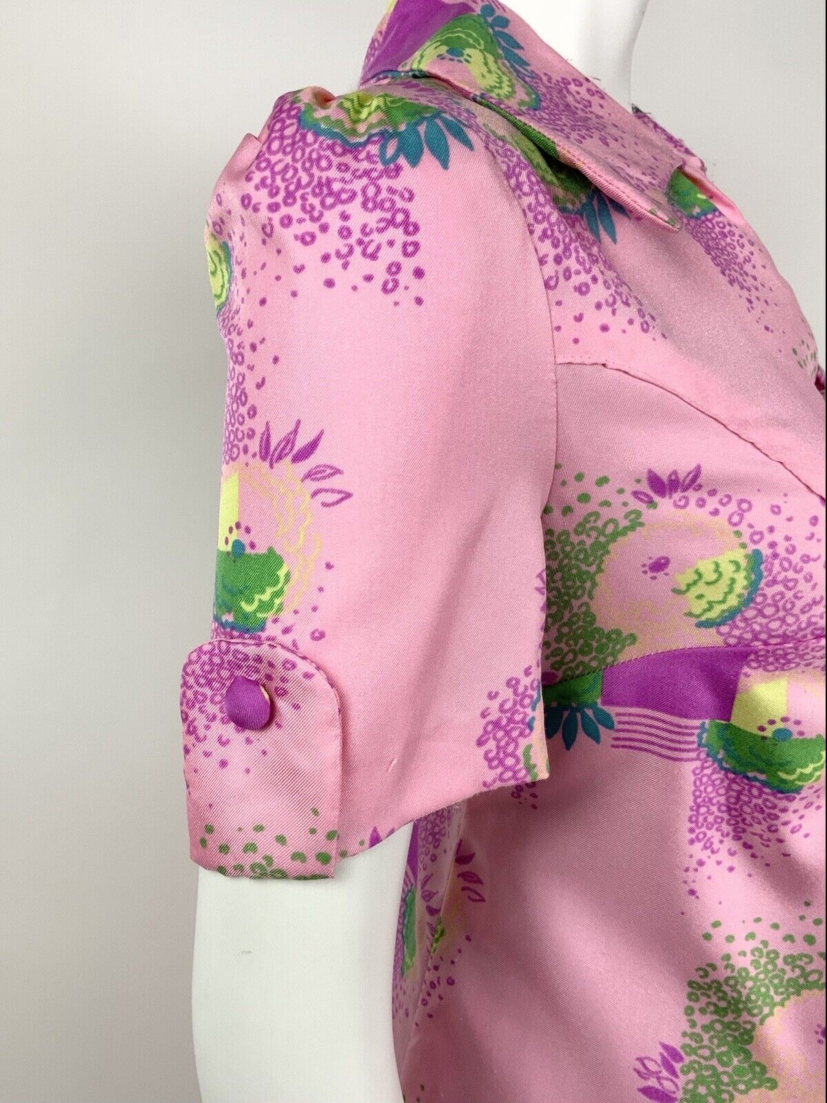 VTG 60s 70s PSYCHEDELIC PINK PURPLE BLUE GREEN SQUARE FLORAL SHIRT DRESS 12
