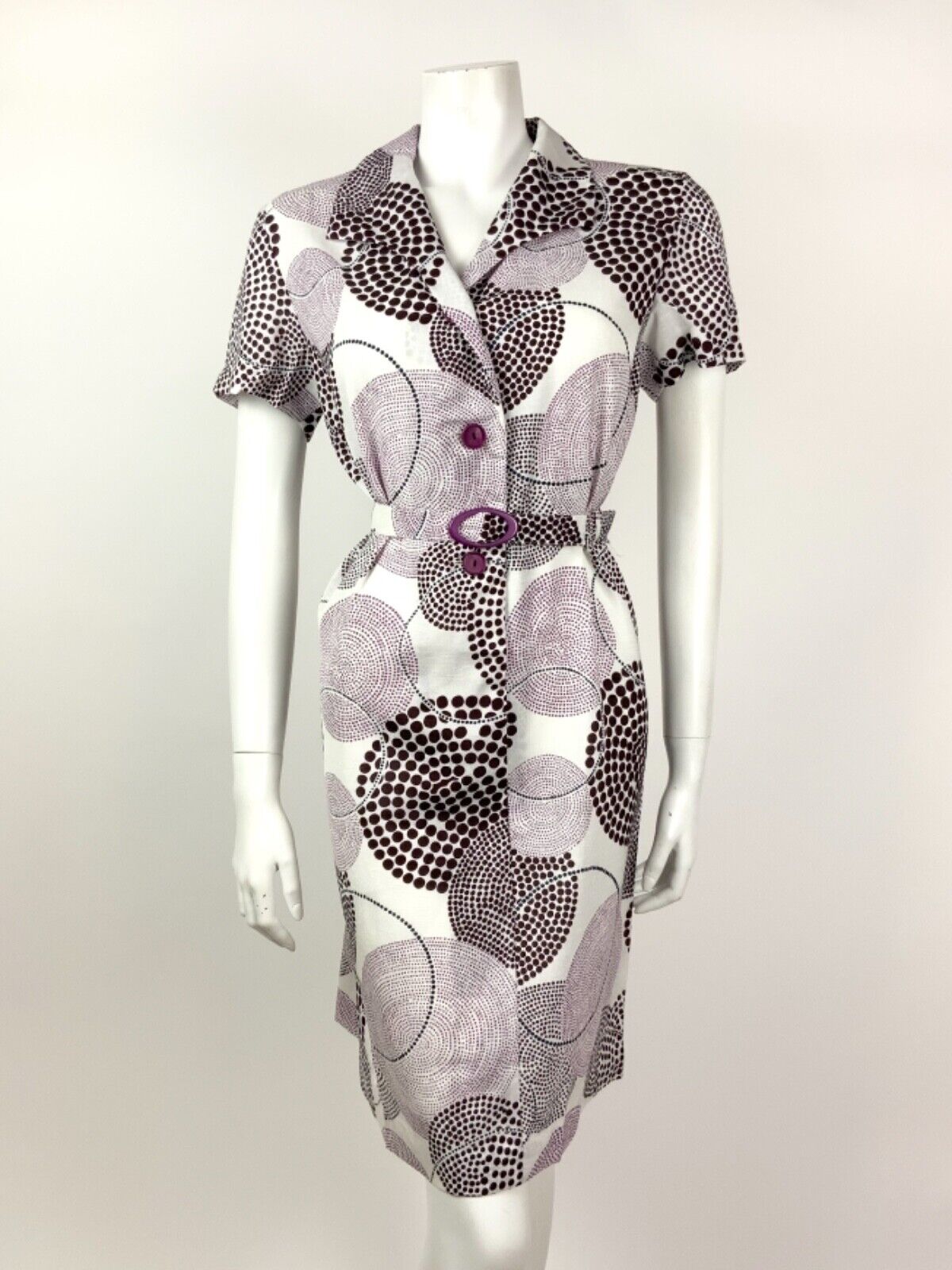 VINTAGE 60s 70s WHITE PURPLE BROWN DOTTY GEOMETRIC CIRCLE BELTED SHIRT DRESS 12