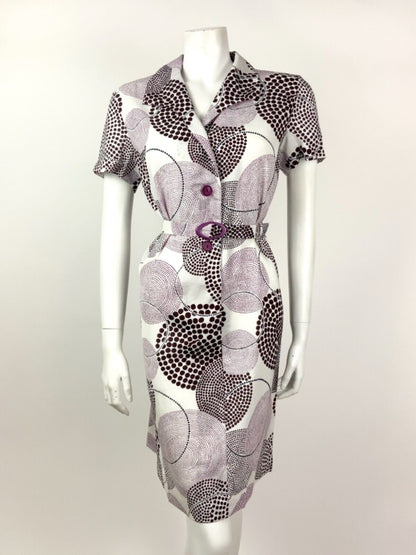 VINTAGE 60s 70s WHITE PURPLE BROWN DOTTY GEOMETRIC CIRCLE BELTED SHIRT DRESS 12
