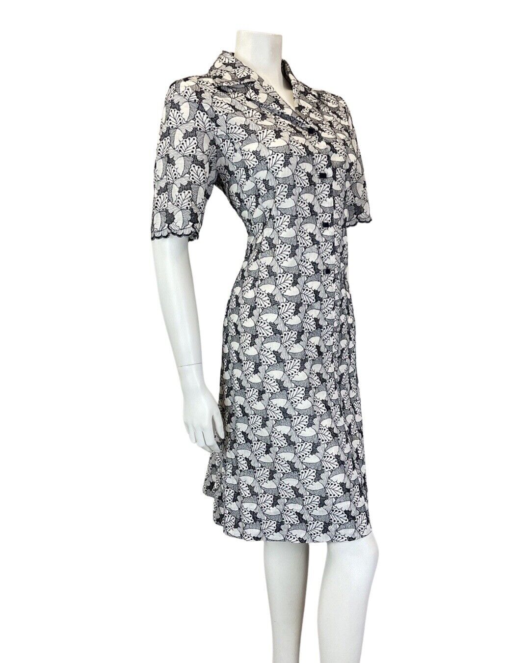 VINTAGE 60s 70s BLACK WHITE EMBROIDERED LEAFY FLORAL MOD SHIRT DRESS 12 14