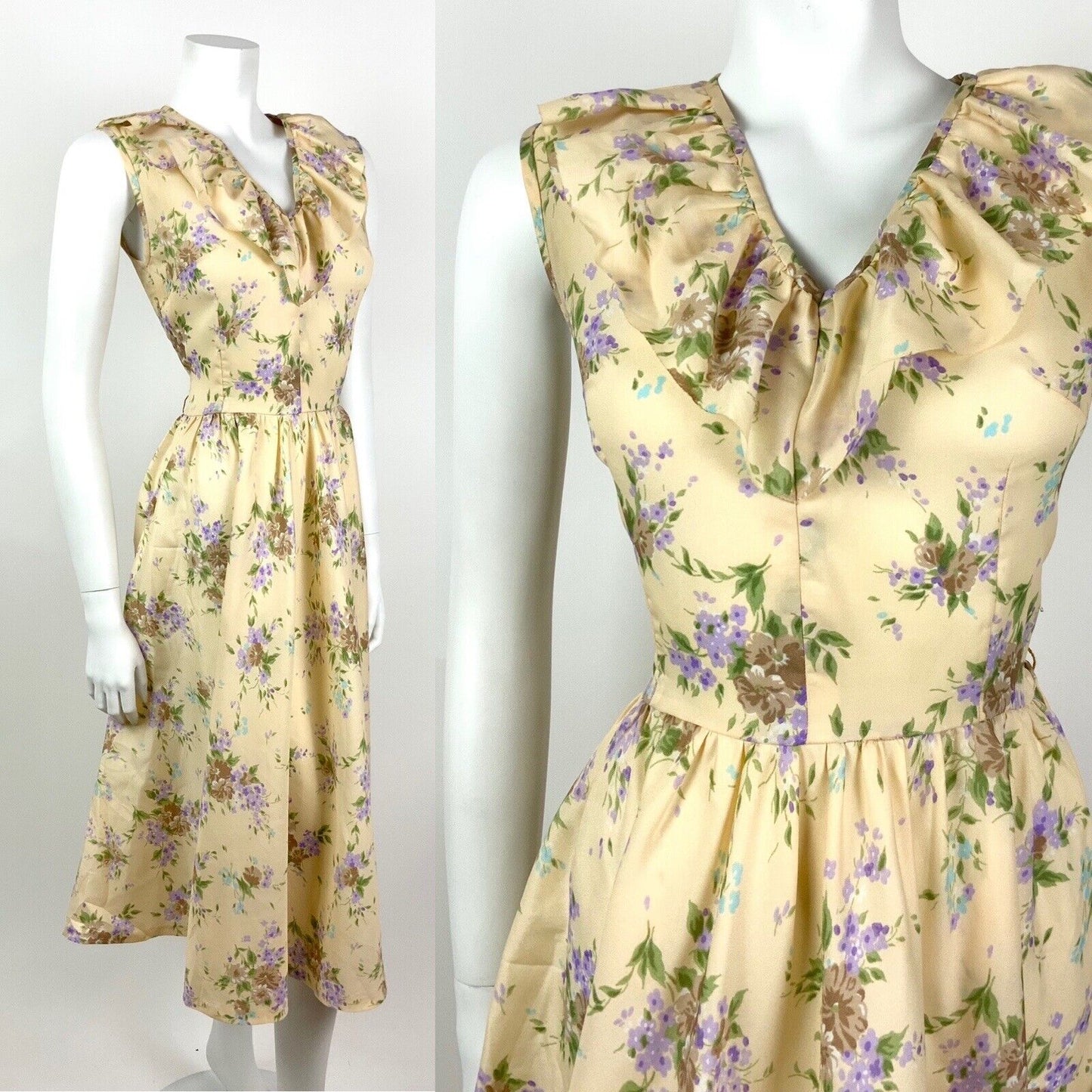VINTAGE 60s 70s CREAM BROWN GREEN PURPLE FLORAL RUFFLE FLOATY DRESS 10 12