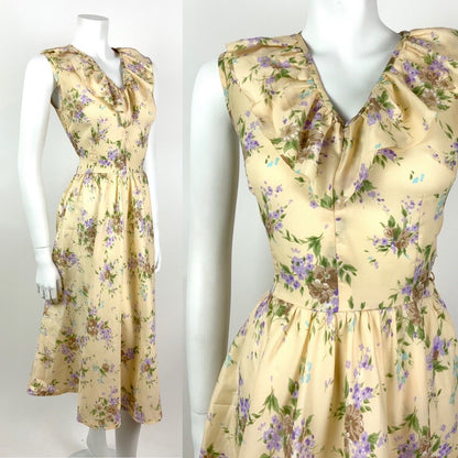 VINTAGE 60s 70s CREAM BROWN GREEN PURPLE FLORAL RUFFLE FLOATY DRESS 10 12