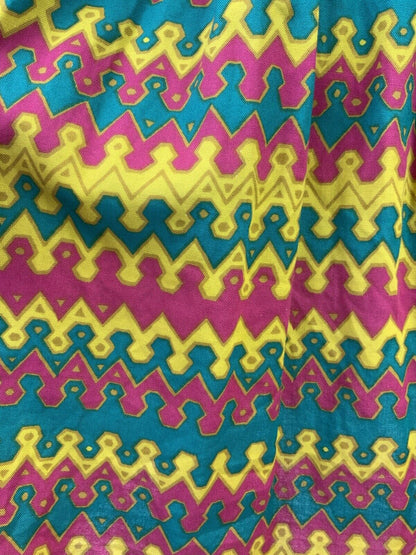 VINTAGE 60s 70s YELLOW GREEN PINK GOLD AZTEC STRIPED ZIG-ZAG SWING DRESS 8