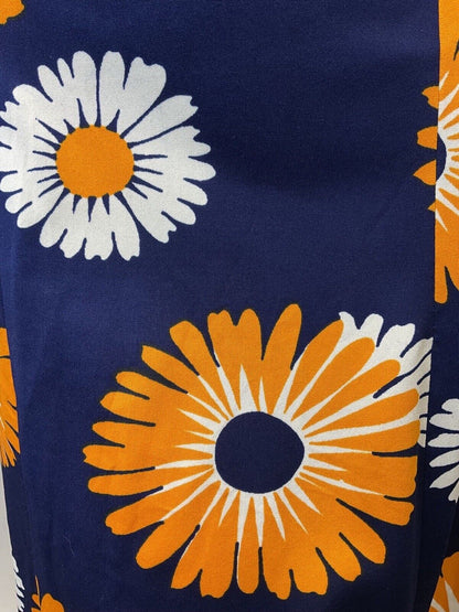 VINTAGE 60s 70s BLUE ORANGE WHITE DAISY FLOWER FLARED SLEEVE MOD DRESS 14 16