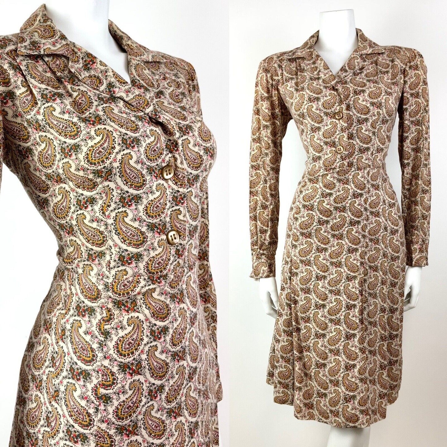 VINTAGE 60s 70s CREAM BROWN GREEN FLORAL PAISLEY BOTEH LONGLSEEVE SHIRT DRESS 10