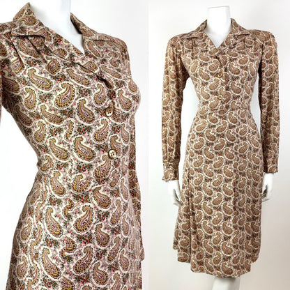 VINTAGE 60s 70s CREAM BROWN GREEN FLORAL PAISLEY BOTEH LONGLSEEVE SHIRT DRESS 10