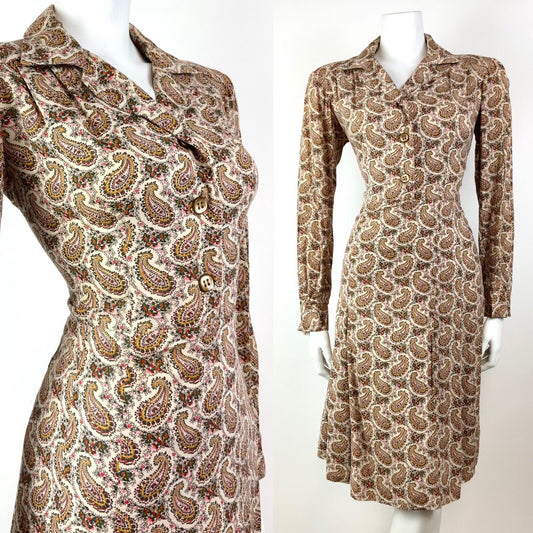 VINTAGE 60s 70s CREAM BROWN GREEN FLORAL PAISLEY BOTEH LONGLSEEVE SHIRT DRESS 10