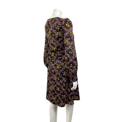 VINTAGE 60s 70s BROWN PURPLE GREEN FLORAL DITSY CHECKED EMPIRE LINE MOD DRESS 16