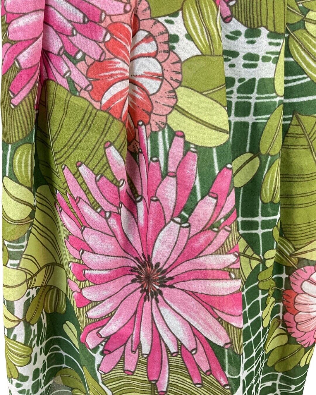 VINTAGE 70s GREEN PINK WHITE STRIPED FLORAL DAISY WING COLLAR DRESS 12