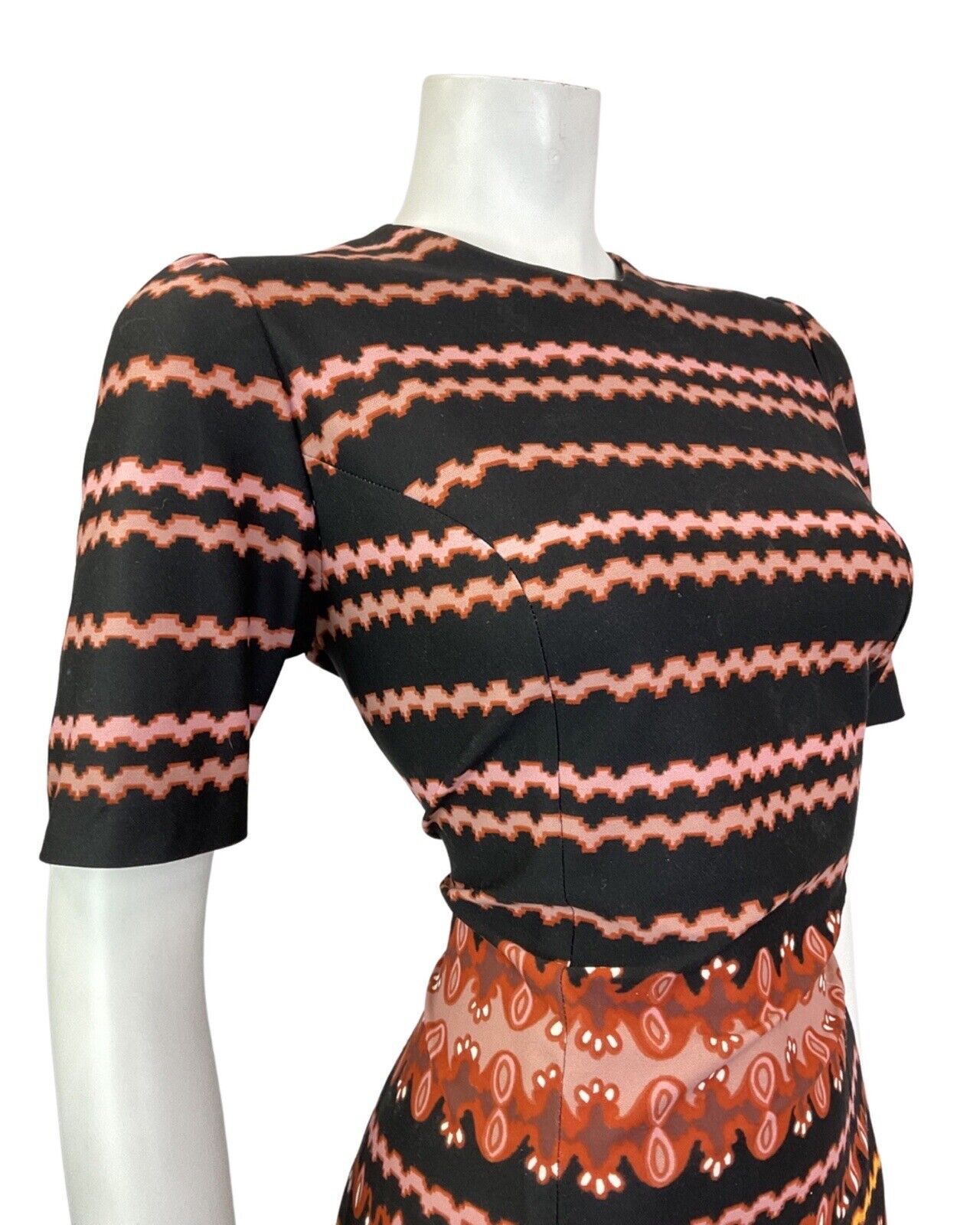 VINTAGE 60s 70s BLACK PINK ORANGE STRIPED FLORAL SUMMER DRESS 12 14