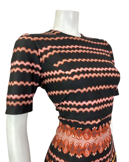 VINTAGE 60s 70s BLACK PINK ORANGE STRIPED FLORAL SUMMER DRESS 12 14