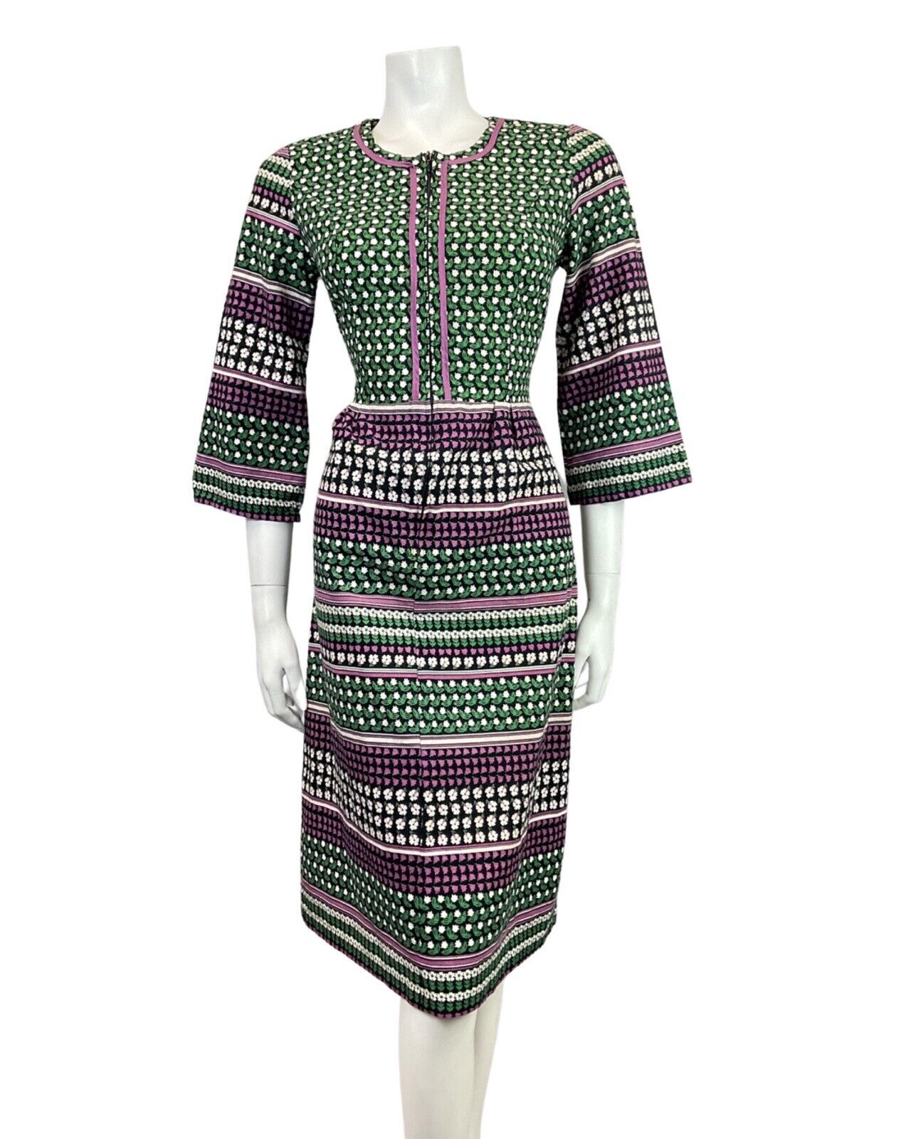 VINTAGE 60s 70s BLACK GREEN PURPLE DAISY FLORAL BELL SLEEVE MOD DRESS 10