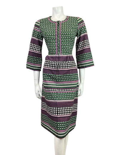 VINTAGE 60s 70s BLACK GREEN PURPLE DAISY FLORAL BELL SLEEVE MOD DRESS 10