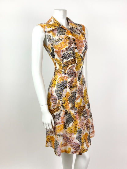 VINTAGE 60s 70s WHITE BROWN ORANGE YELLOW PSYCHEDELIC WING COLLAR DRESS 10
