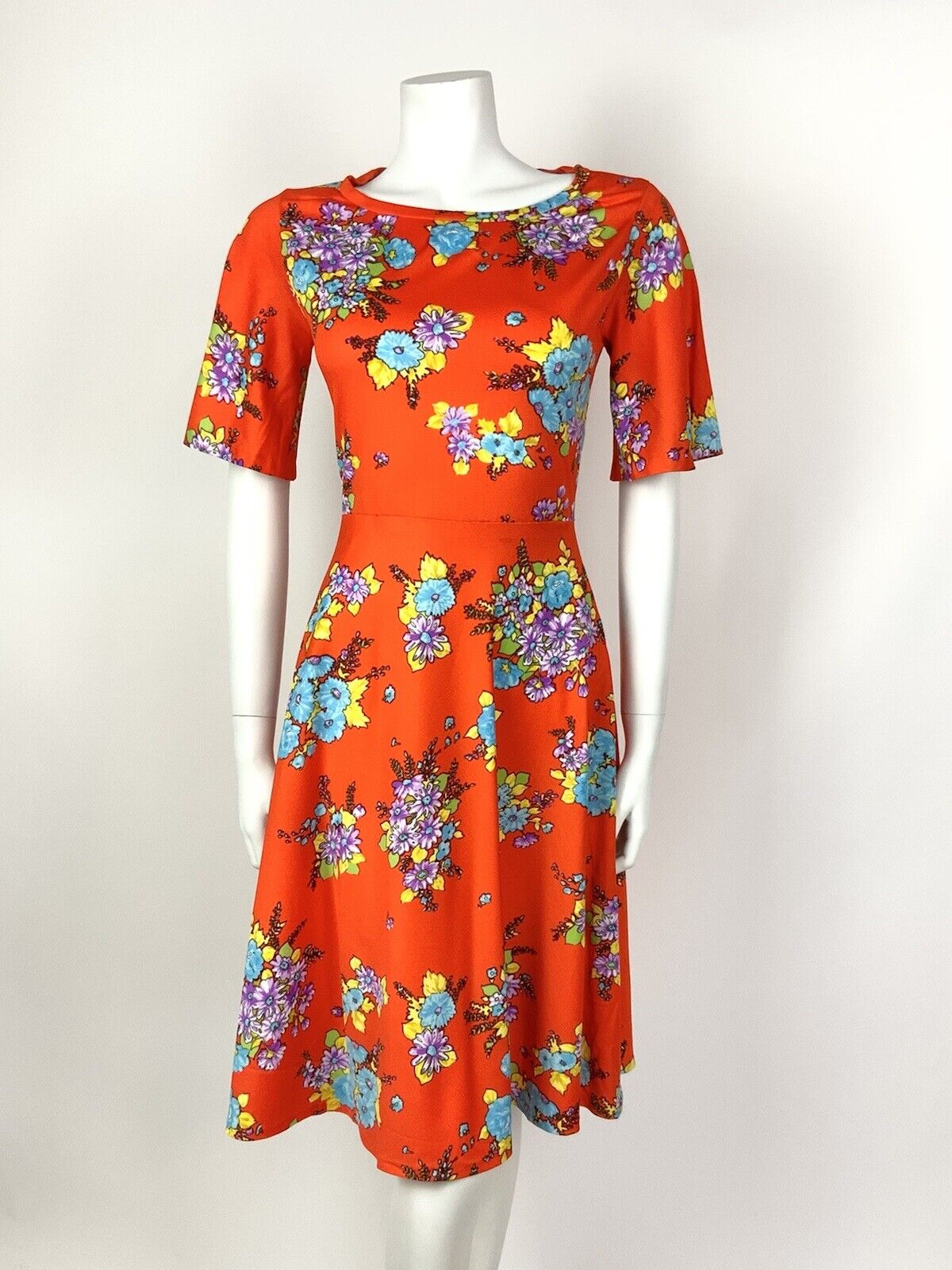 VINTAGE 60s 70s ORANGE PURPLE BLUE YELLOW FLORAL SWING SUMMER DRESS 8 10