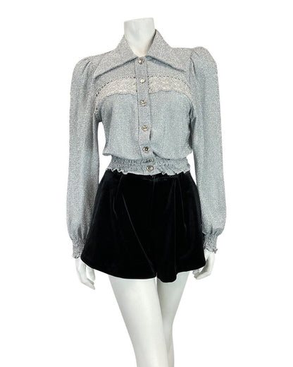 VINTAGE 60s 70s METALLIC SILVER FLORAL LACE STUDIO 54 DISCO DAGGER SHIRT 8 10