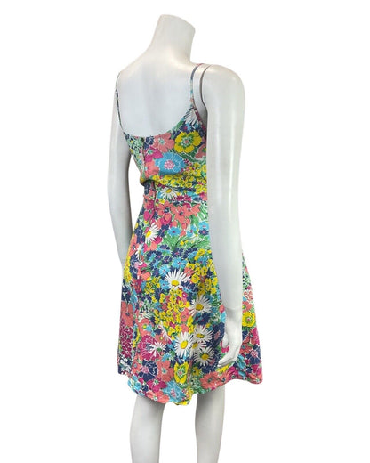 VINTAGE 60s 70s BLUE PINK GREEN FLORAL PSYCHEDELIC STRAPPY SUMMER SUNDRESS 10 12