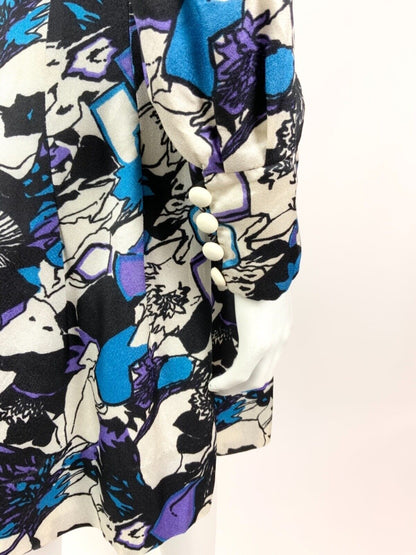 VINTAGE 60s 70s WHITE BLACK BLUE PURPLE PSYCHEDELIC FLORAL DRESS 10 12