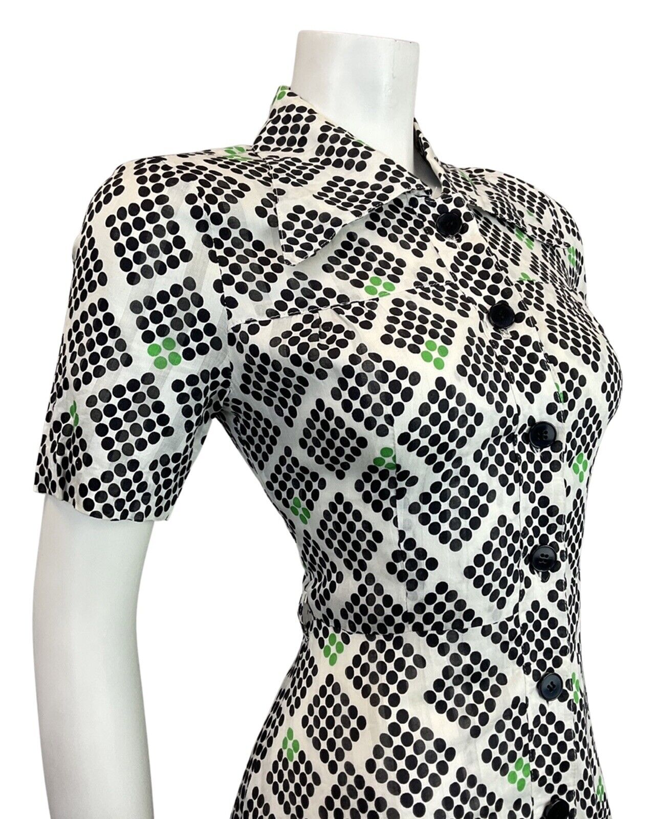 VINTAGE 60s 70s WHITE BLACK GREEN GEOMETRIC DOTTY WING COLLAR MOD SHIRT DRESS 8