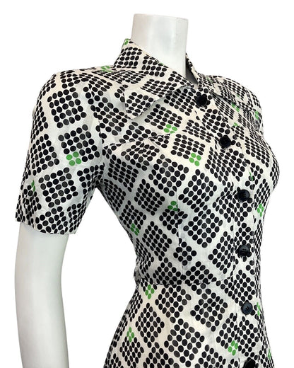 VINTAGE 60s 70s WHITE BLACK GREEN GEOMETRIC DOTTY WING COLLAR MOD SHIRT DRESS 8
