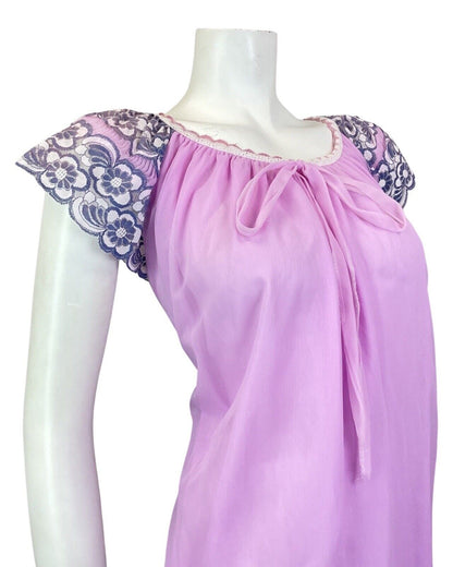 VINTAGE 60s 70s LILAC BLUE PINK FLORAL LACE MOD BABYDOLL NIGHT GOWN DRESS 12 14