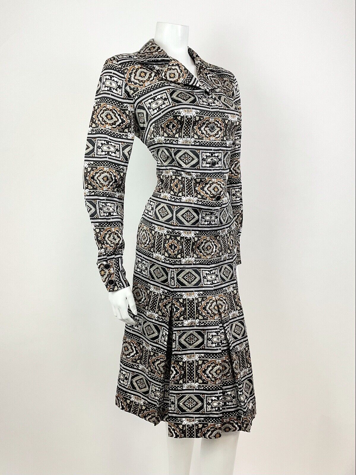 VTG 60s 70s BLACK BROWN WHITE PSYCHEDELIC TILED BAROQUE ORNATE SHIRT DRESS 14