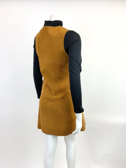 VTG 60s 70s BROWN SUEDE LEATHER SCALLOPED BOHO MOD PINAFORE PINNY DRESS 8 10